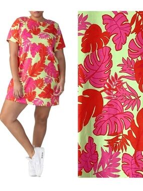 Sanctuary Neon Lime Tropical Leaf Shift Dress with Pink and Red Print